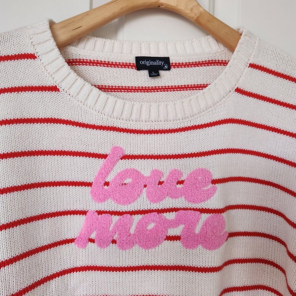Originality Striped Love More Cropped Sweater Cream Red Knit Preppy Cute Cozy - Picture 3 of 9